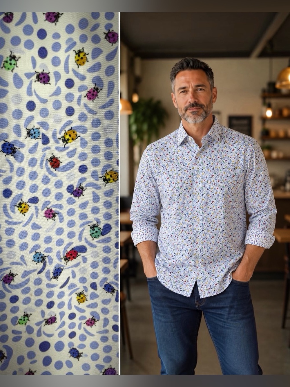 Bugatchi Shaped Fit Large Ladybug Print Button Down Shirt Cotton